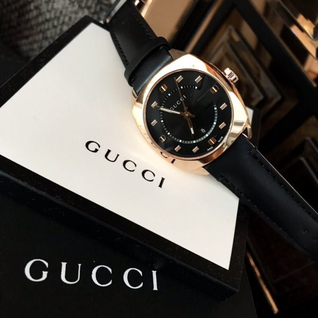 Gucci GG2570 Black Dial Black Leather Strap Watch For Men - YA142310 Buy Now By Gucci
