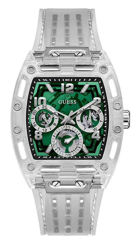 Shop Guess Phoenix Quartz Green Dial Transparent Silicone Strap Watch For Men - GW0499G8 in USA