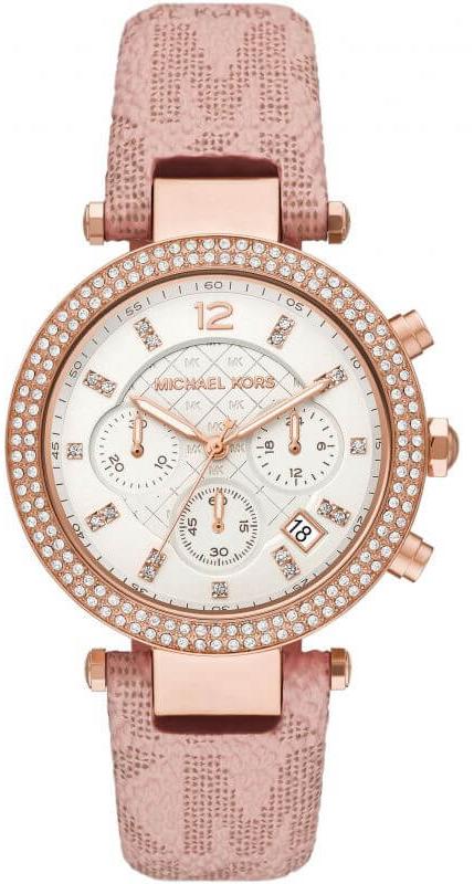 Shop Michael Kors Parker Chronograph White Dial Pink Leather Strap Watch For Women - MK6935 in USA