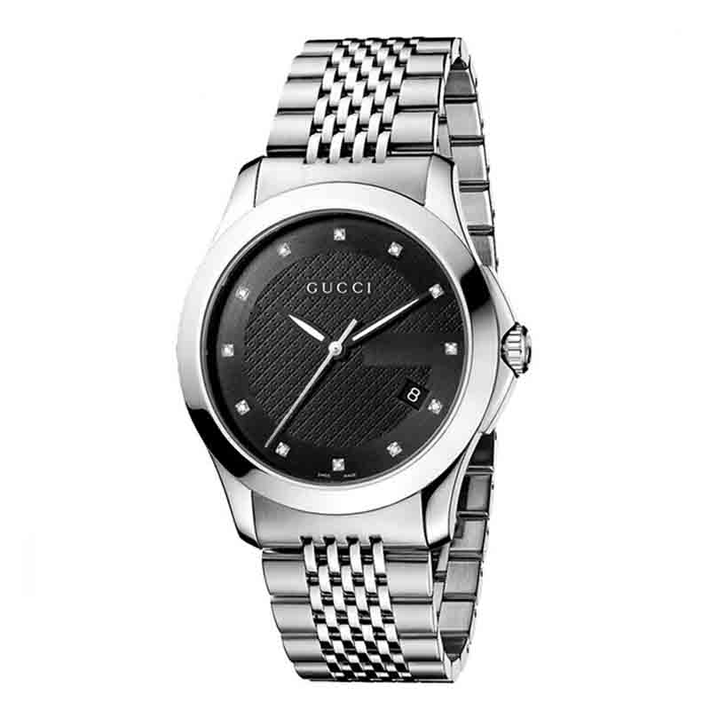 Shop Gucci G Timeless Diamonds Black Dial Silver Steel Strap Watch For Men - YA126405 in USA