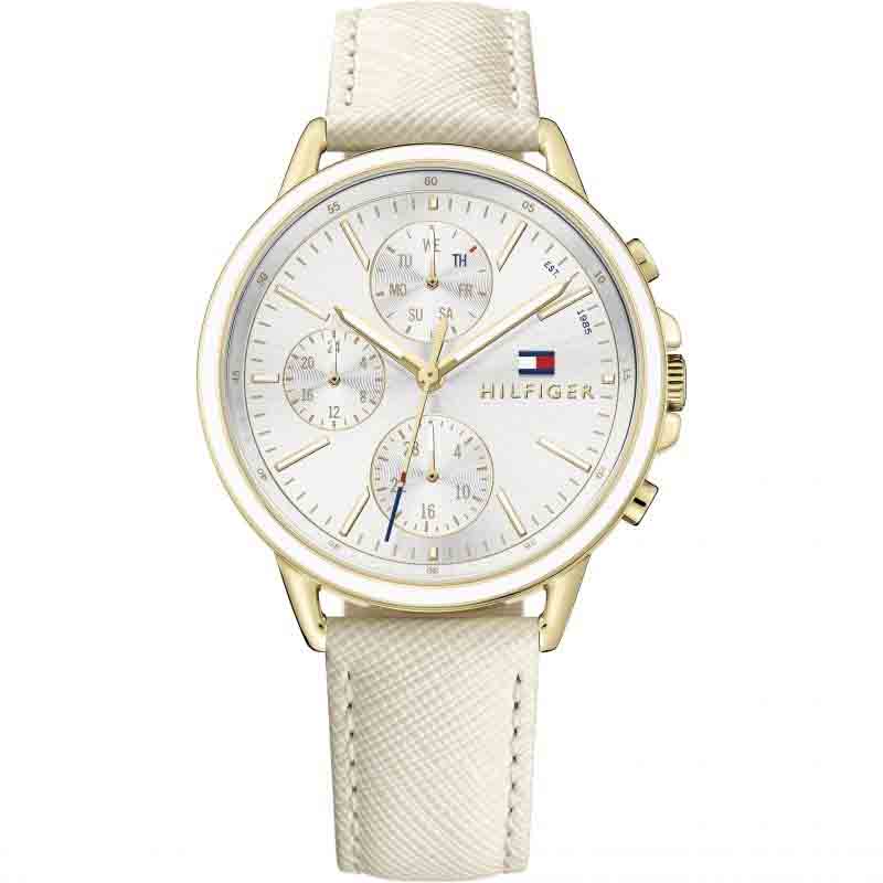 Shop Tommy Hilfiger Carly Silver Dial Cream Leather Strap Watch for Women - 1781790 in USA
