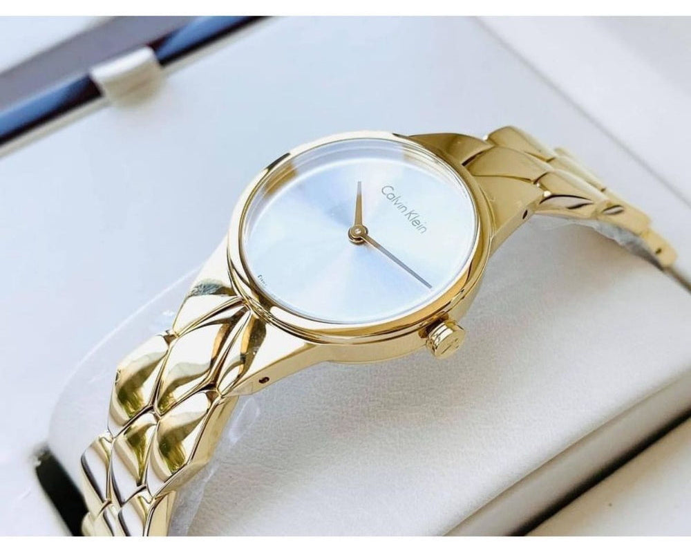 Calvin Klein Snake Silver Dial Yellow Gold Steel Strap Watch For Women - K6E23546