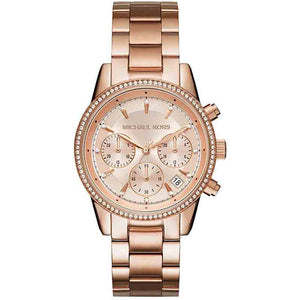 Michael Kors Ritz Chronograph Rose Gold Dial Rose Gold Steel Strap Watch for Women - MK6077