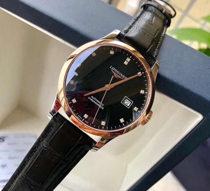 Longines Record Black Dial Black Leather Strap Watch for Men - L2.821.5.57.2 Buy Now By Longines