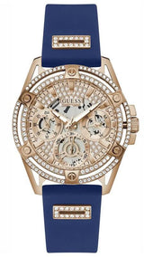 Guess Queen Quartz Crystals Rose Gold Dial Blue Silicone Strap Watch For Women - GW0536L5 Buy Now By Guess
