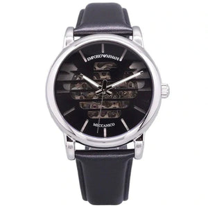 Emporio Armani Meccanico Automatic Skeleton Black Dial Black Leather Strap Watch For Men - AR60040