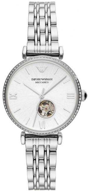 Emporio Armani Meccanico Gianni T-Bar Automatic Silver Dial Silver Steel Strap Watch For Women - AR60022