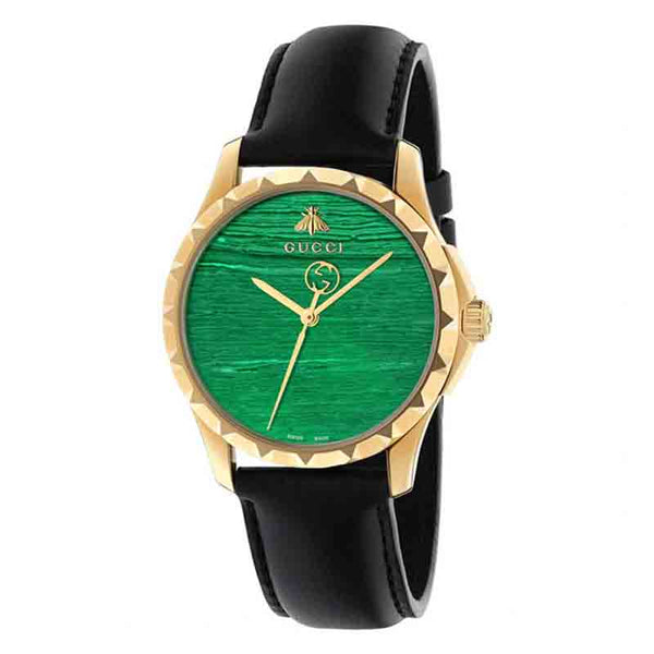 Shop Gucci Le Marche Des Merveilles Quartz Green Dial Black Leather Strap Watch For Women - YA126463 in USA