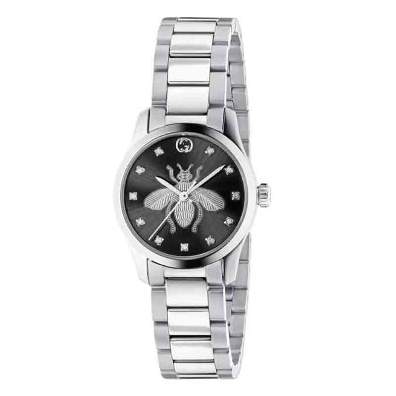 Shop Gucci G Timeless Quartz Diamonds Black Dial Silver Steel Strap Watch For Women - YA1265024 in USA