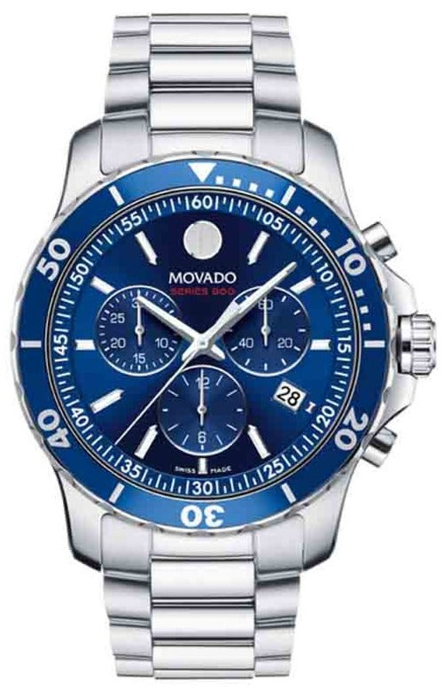 Shop Movado Series 800 Chronograph Blue Dial Silver Steel Strap Watch For Men - 2600141 in USA
