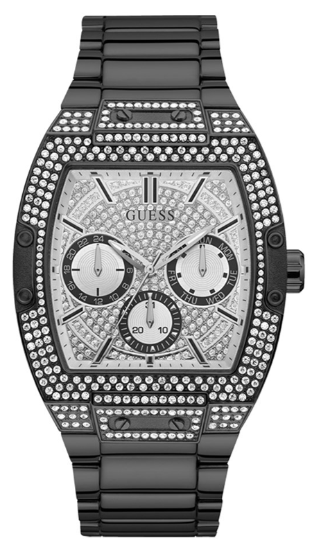 Shop Guess Phoenix Multifunction Crystals Silver Dial Black Steel Strap Watch For Men - GW0094G3 in USA