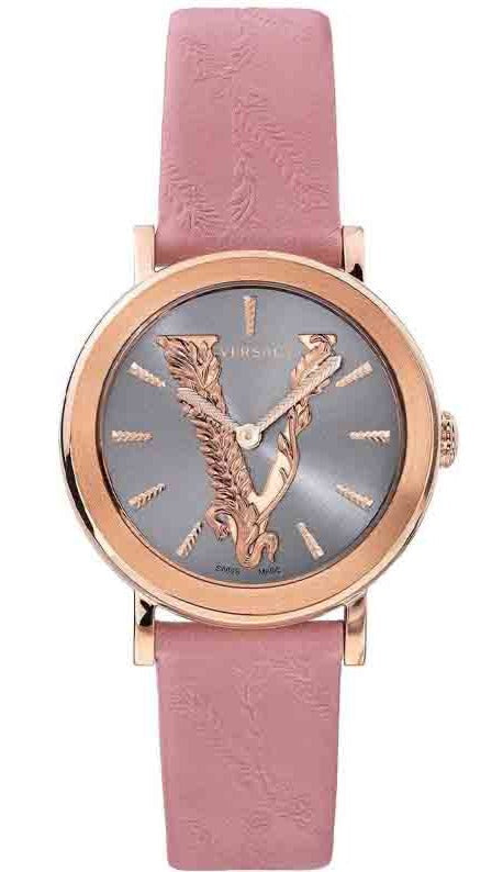 Shop Versace Virtus Quartz Grey Dial Pink Leather Strap Watch for Women - VEHC00319 in USA