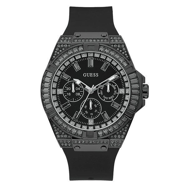 Shop Guess Zeus Multifunction Crystals Black Dial Black Silicone Strap Watch For Men - GW0208G5 in USA