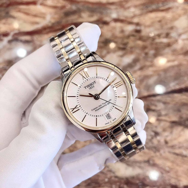 Tissot Chemin Des Tourelles Powermatic 80 Lady Mother of Pearl White Dial Two Tone Steel Strap Watch For Women - T099.207.22.118.00 Buy Now By Tissot