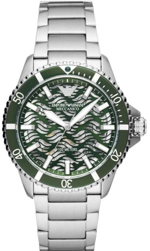 Emporio Armani Sea Explorer Meccanico Automatic Green Dial Silver Steel Strap Watch For Men - AR60061