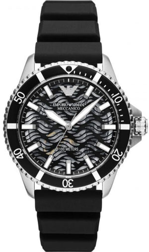 Emporio Armani Sea Explorer Meccanico Automatic Black Dial Black Silicone Strap Watch For Men - AR60062