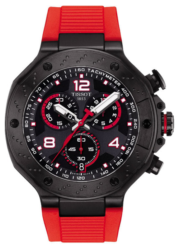 Shop Tissot T Race Chronograph Black Dial Red Rubber Strap Watch For Men - T141.417.37.057.01 in USA