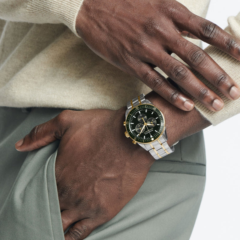 Shop Movado Heritage Calendoplan Chronograph Green Dial Two Tone Steel Strap Watch For Men - 3650167 in USA