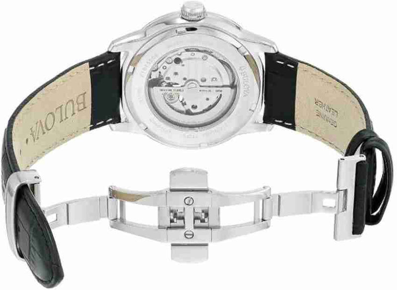 Shop Bulova BVA Classic Automatic Silver Dial Black Leather Strap Watch for Men - 96A135 in USA