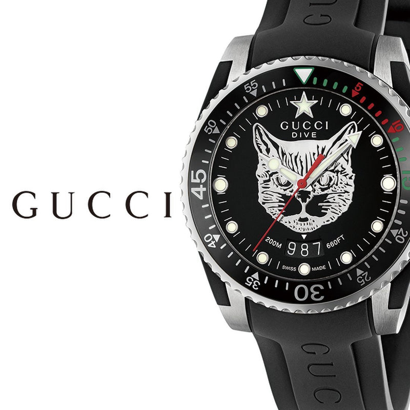 Shop Gucci Dive Feline Black Dial Black Rubber Strap Watch For Men - YA136323 in USA