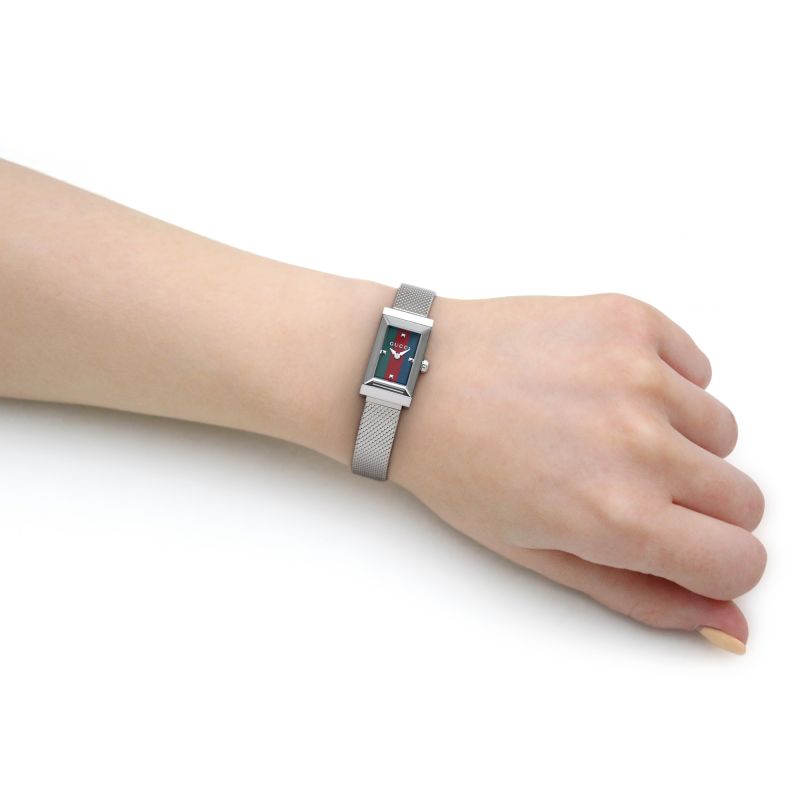 Shop Gucci G Frame Quartz Diamonds Green & Red Mother of Pearl Dial Silver Mesh Bracelet Watch For Women - YA147510 in USA