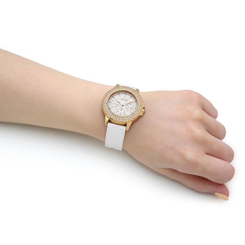 Guess Crown Jewel Multifunction Diamonds White Dial White Leather Strap Watch for Women - GW0411L1 Buy Now By Guess