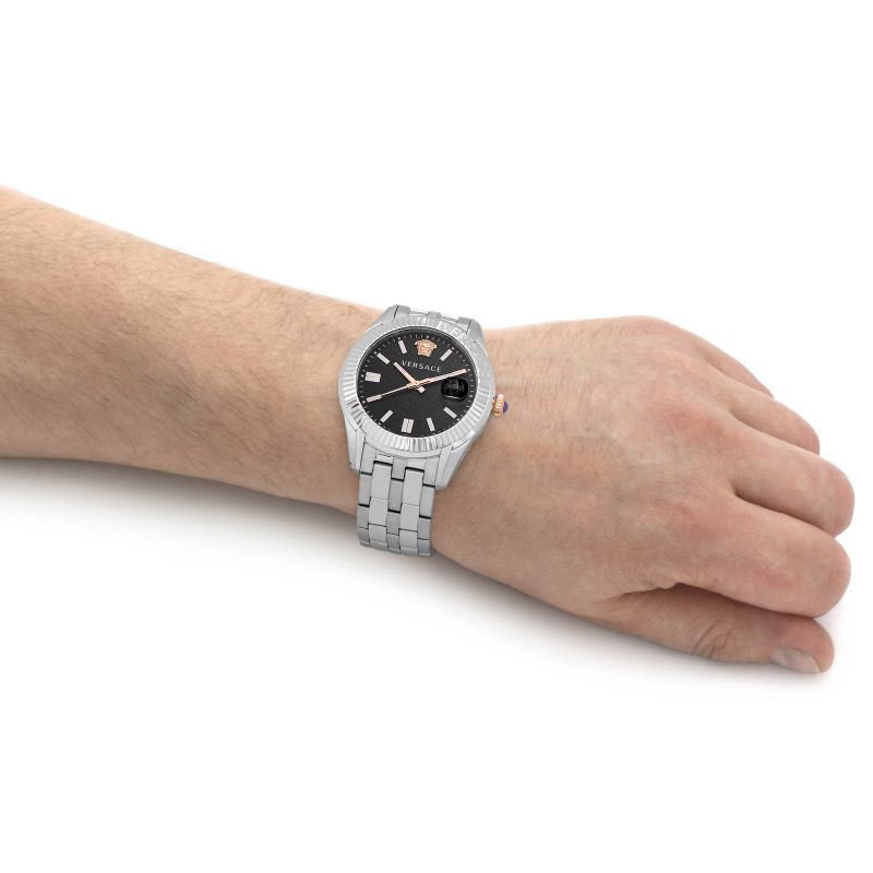 Versace Greca Time Quartz Black Dial Silver Steel Strap Watch For Men - VE3K00322 Buy Now By Versace