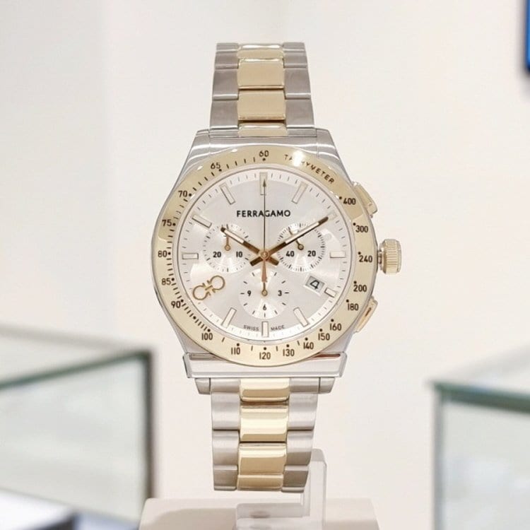Shop Salvatore Ferragamo 1927 Chrono Silver Dial Two Tone Steel Strap Watch for Men - SFKZ00523 in USA