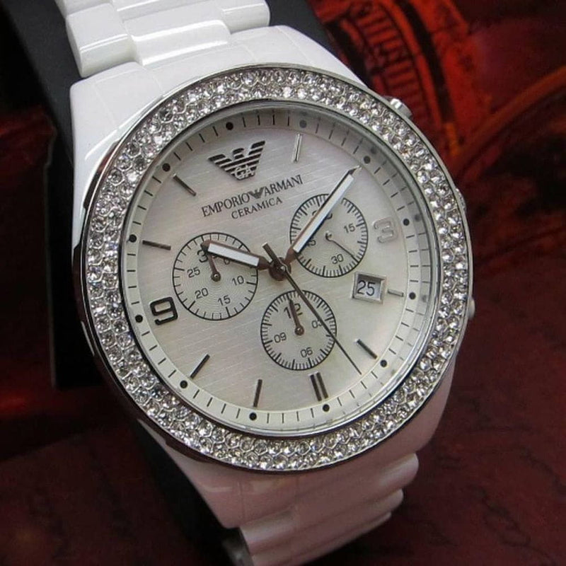 Emporio Armani Ceramica Chronograph White Dial White Ceramic Strap Watch For Women - AR1456 Buy Now By Emporio Armani