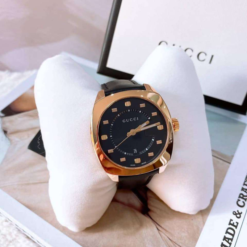 Gucci GG2570 Quartz Black Dial Black Leather Strap Watch For Men - YA142309 Buy Now By Gucci