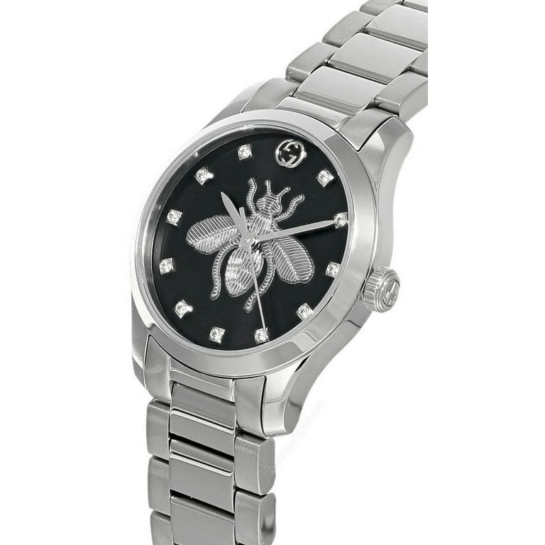 Shop Gucci G Timeless Quartz Diamonds Black Dial Silver Steel Strap Watch For Women - YA1265024 in USA