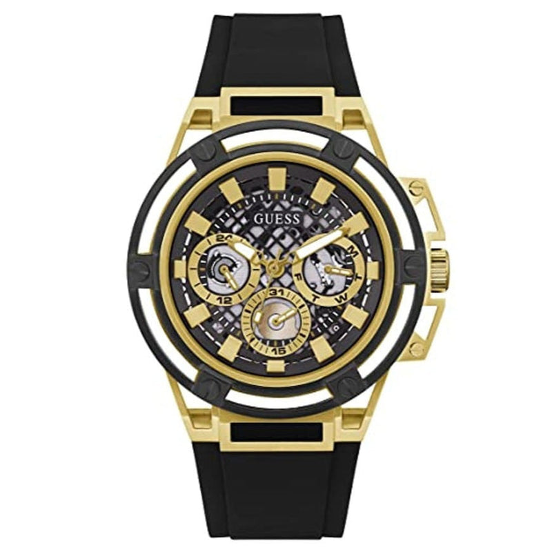 Guess Matrix Multifunction Gold Dial Black Rubber Strap Watch For Men - GW0423G2 Buy Now By Guess