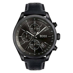 Hugo Boss Grand Prix Chronograph Black Dial Black Leather Strap Watch for Men - 1513474