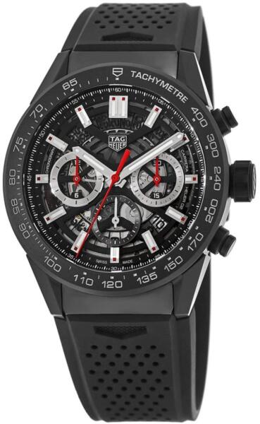 Tag Heuer Carrera Chronograph Steel & Ceramic Black Dial Black Rubber Strap Watch for Men - CBG2090.FT6145