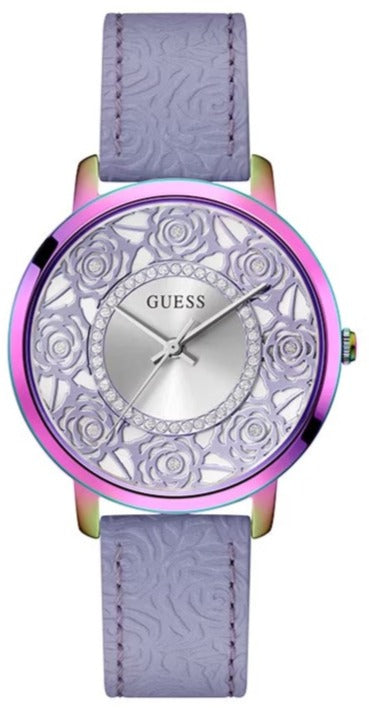 Shop Guess Dahlia Analog Silver Dial Purple Leather Strap Watch For Women - GW0529L4 in USA