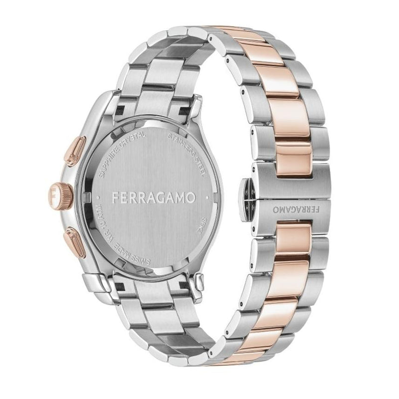 Shop Salvatore Ferragamo 1927 Chrono Silver Dial Two Tone Steel Strap Watch for Men - SFKZ00623 in USA