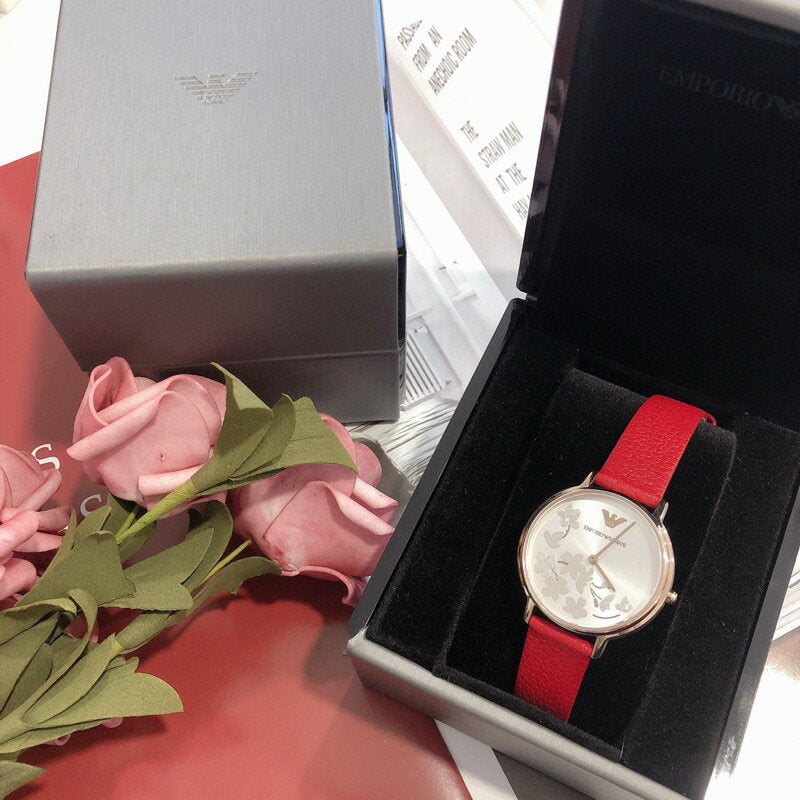 Emporio Armani Kappa Classic Quartz Silver Dial Red Leather Strap Watch For Women - AR11114 Buy Now By Emporio Armani