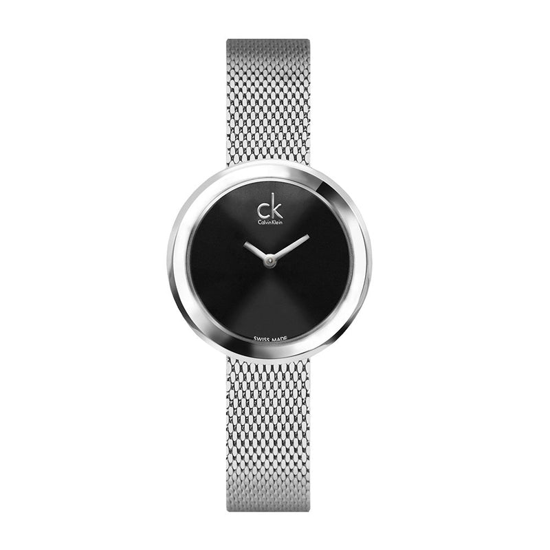 Calvin Klein Firm Black Dial Silver Mesh Bracelet Watch for Women - K3N23121