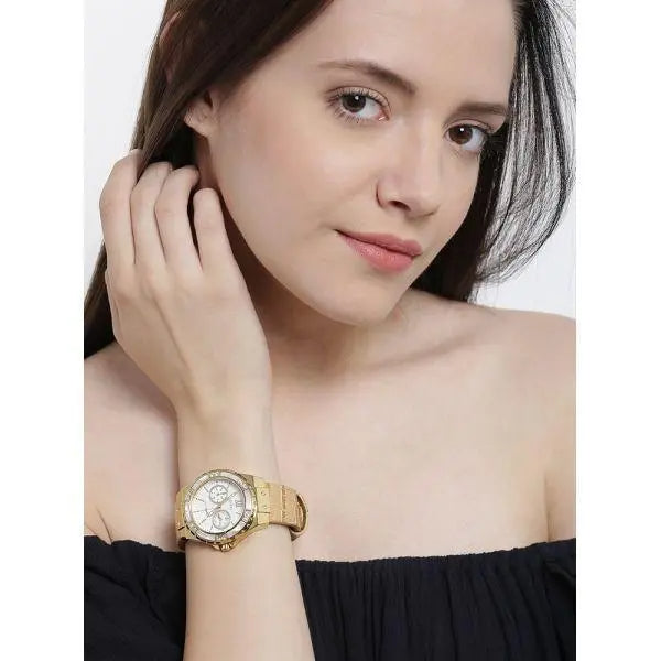 Guess Limelight Quartz Silver Dial Golden Leather Strap Watch For Women - W0775L2 Buy Now By Guess
