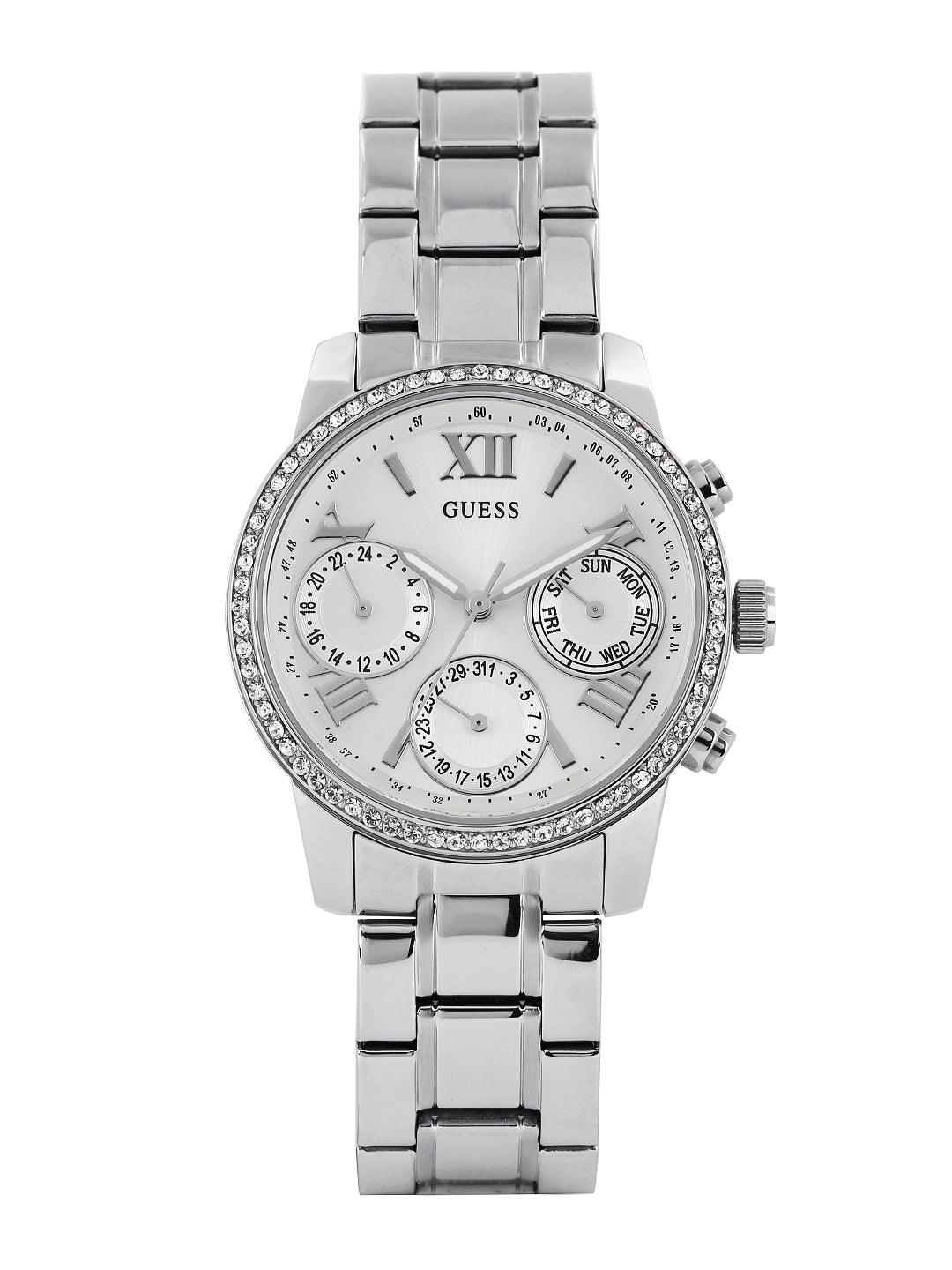 Guess Mini Sunrise Chronograph Quartz Silver Dial Silver Steel Strap Watch For Women - W0623L1
