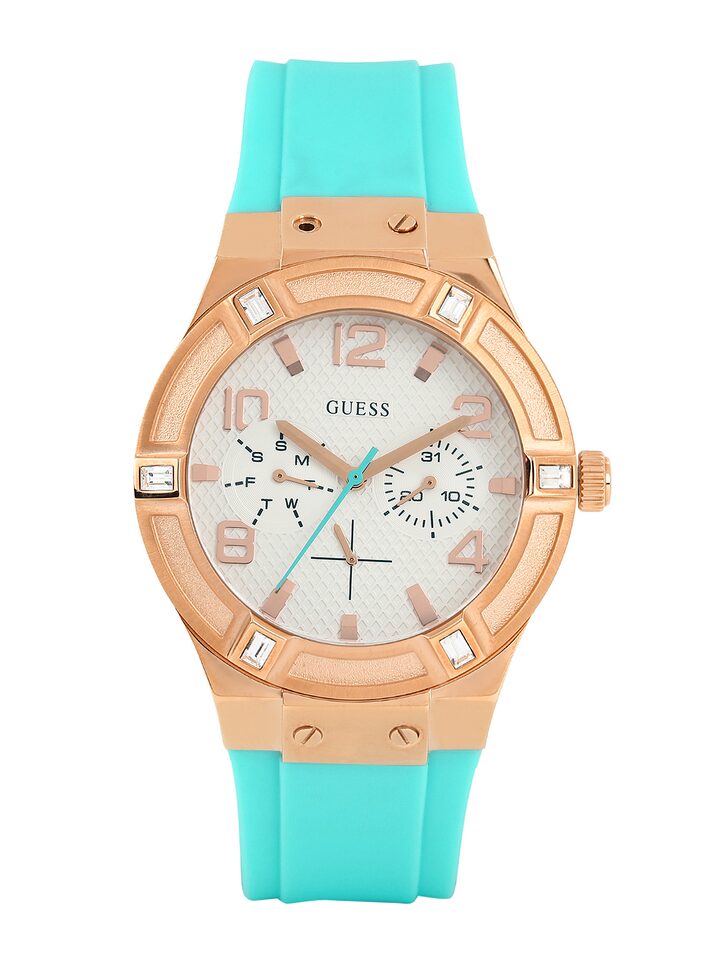 Guess Jet Setter White Dial Turquoise Silicone Strap Watch For Women - W0564L3 Buy Now By Guess