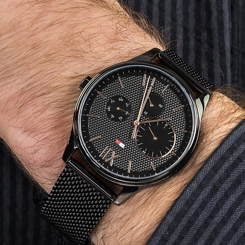 Shop Tommy Hilfiger Damon Quartz Black Dial Black Mesh Bracelet Watch for Men - 1791420 in USA