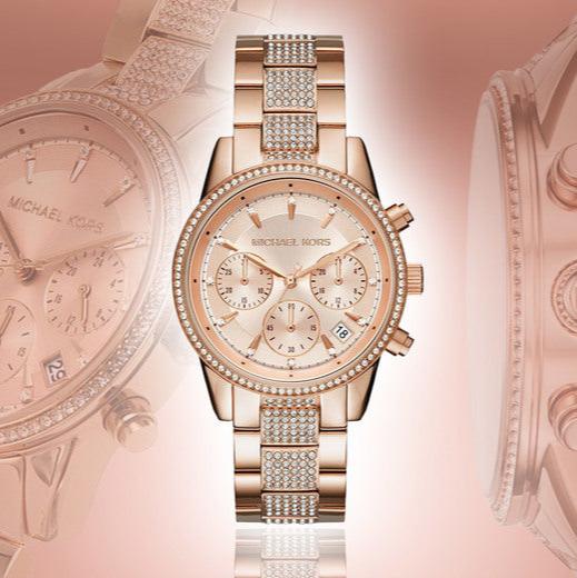 Michael Kors Ritz Chronograph Rose Gold Dial Rose Gold Steel Strap Watch For Women - MK6485 Buy Now By Michael Kors