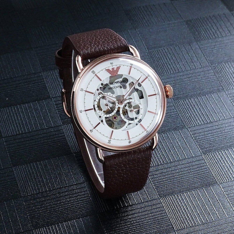 Emporio Armani Meccanico Automatic White Dial Brown Leather Strap Watch For Men - AR60027 Buy Now By Emporio Armani