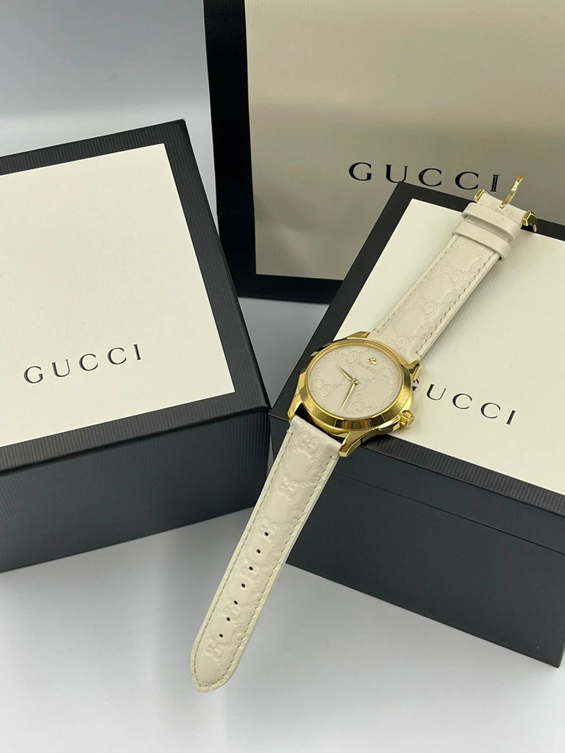 Shop Gucci G Timeless Quartz White Dial White Leather Strap Watch For Women - YA126580A in USA