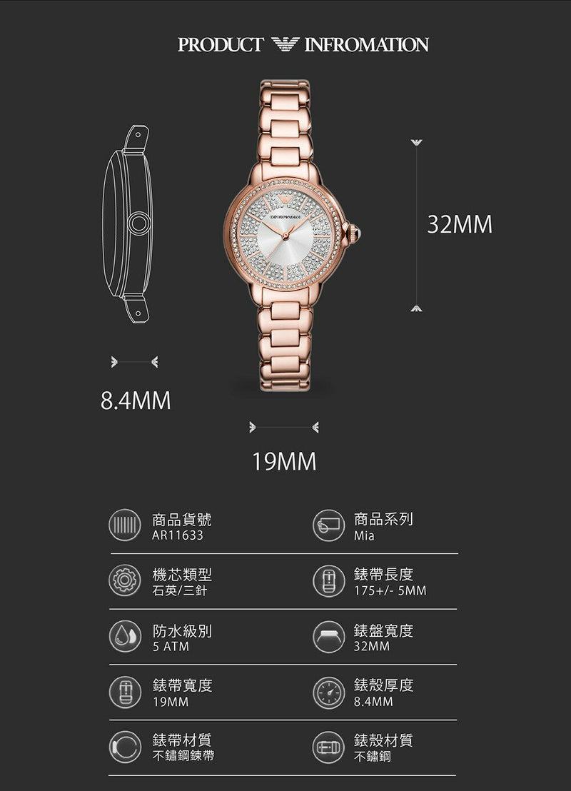 Emporio Armani Mia Three Hand Crystals Silver Dial Rose Gold Steel Strap Watch For Women - AR11633 Buy Now By Emporio Armani
