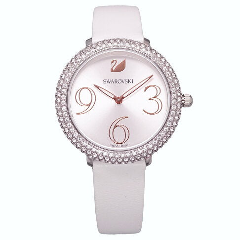 Shop Swarovski Crystal Frost Silver Dial White Leather Strap Watch for Women - 5484070 in USA