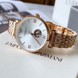 Emporio Armani Meccanico Gianni T-Bar Silver Dial Rose Gold Steel Strap Watch For Women - AR60023