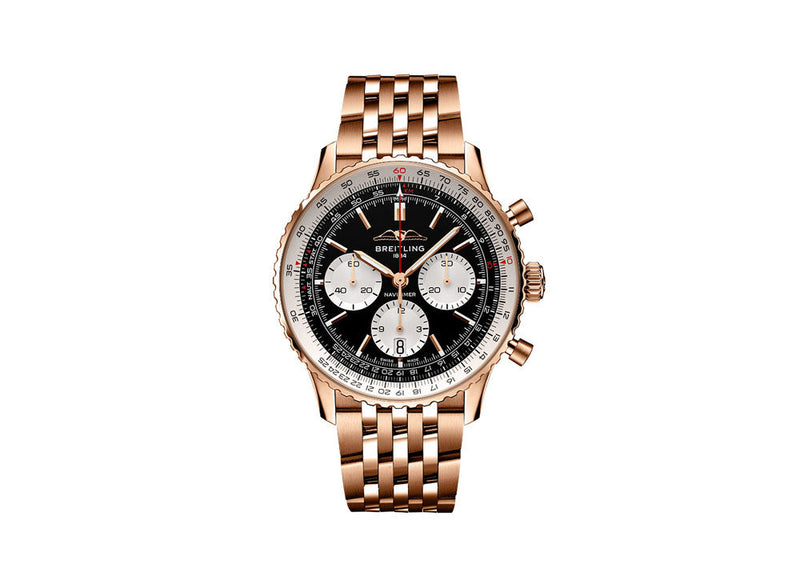 Shop Breitling Navitimer B01 Chronograph 43 Black Dial Rose Gold Steel Strap Watch for Men - RB0138211B1R1 in USA