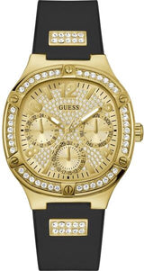 Guess Duchess Crystals Gold Dial Black Silicon Strap Watch For Women - GW0619L2 Buy Now By Guess